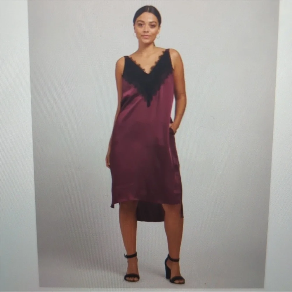 NWT Universal Standard Kara Satin Lace Slip Dress Fig Burgundy 4XS US 0